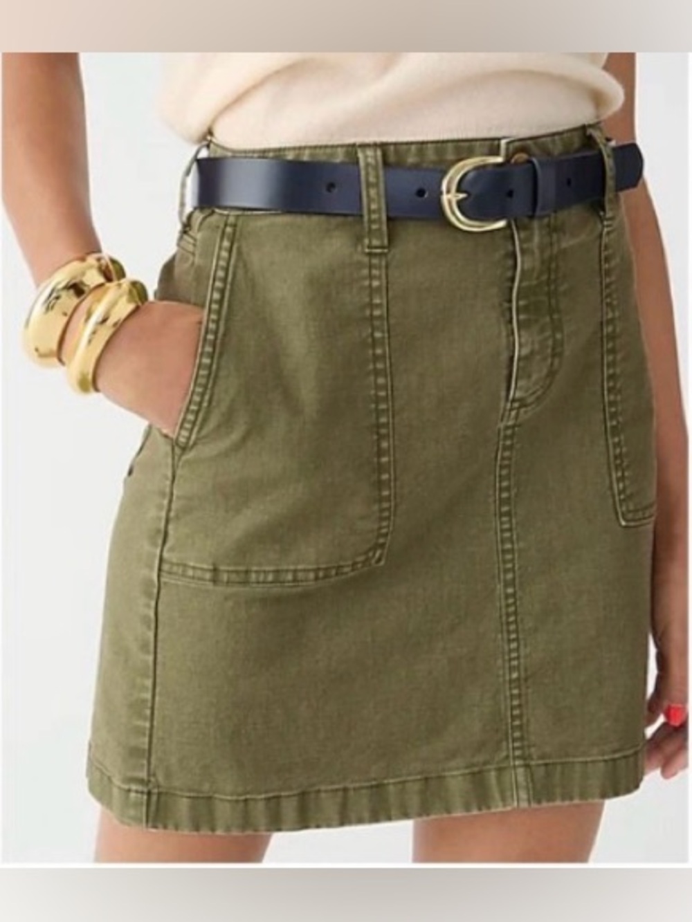 J.CREW SIZE 16~ UTILITY MINI SKIRT ARMY GREEN JEANS LINEN BLEND